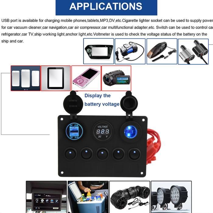 Panneau Interrupteur à Bascule Marine 6 Commutateurs - Avec Voltmètre Et Ports USB, Pour Bateau, Camping-car, Voiture (12-24V)