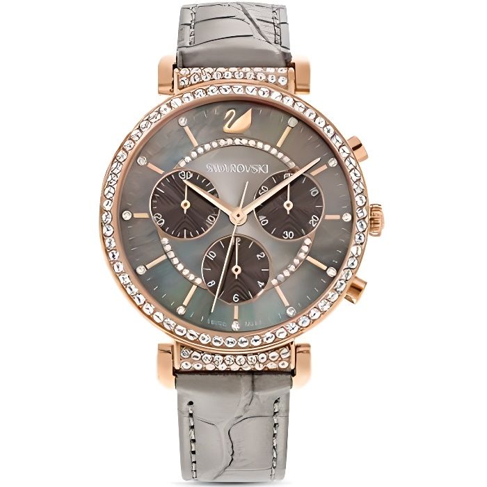 Swarovski Montre Femme Passage Chrono, bracelet en cuir, gris, PVD doré rose