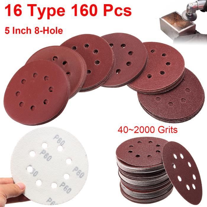 160Pcs Papier de Verre Ponçage Polissage Disque Pad 125mm 8 Trou Grit 40#-2000#