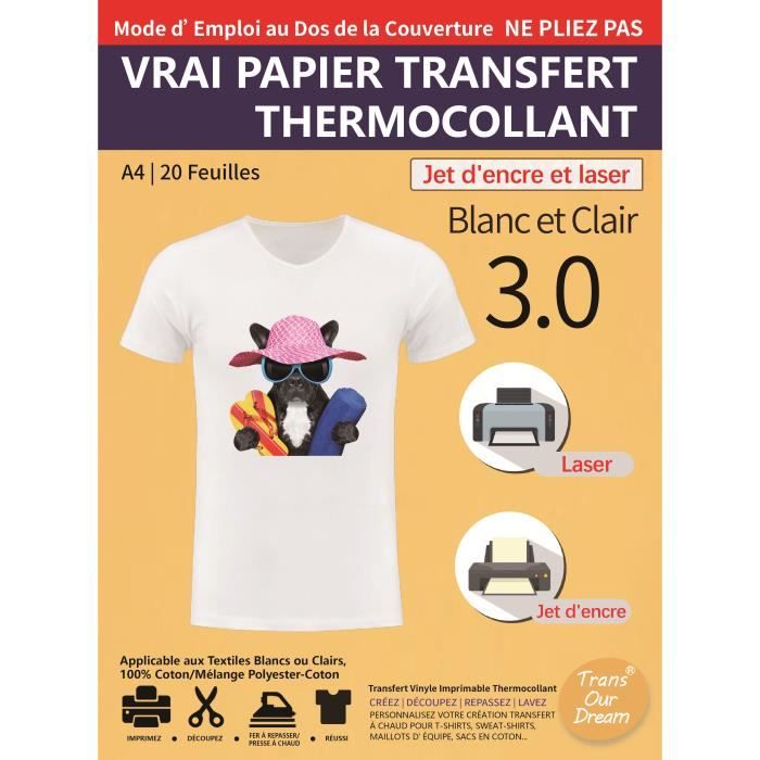 TransOurDream A4 x 20 Feuilles Papier Transfert thermique pour Textile et  T-shirt Blanc et Clair - impression Laser & Jet d'Encre