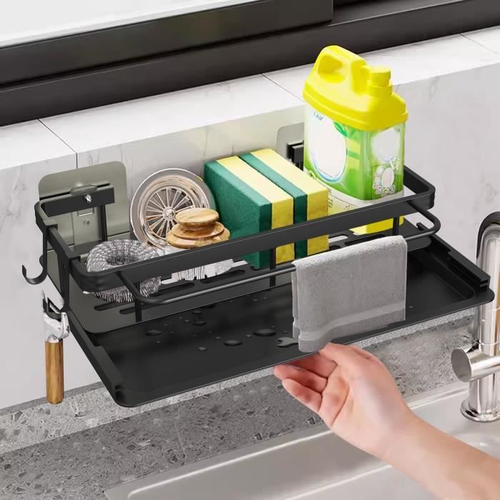 Porte-éponge Pour évier De Cuisine – Organisateur Inox Noir, Grand, Avec Panier