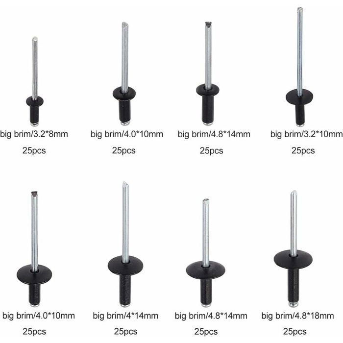 200 Pièces Rivets Pop Aluminium, 3.2x8mm à 4.8x18mm, Kit Assortiment ...