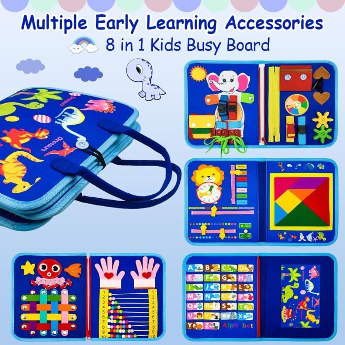 XiYee – Busy Board Montessori Dinosaure – Planche D’activités En Feutre – 45 X 28 Cm – Jouet éducatif Portable Dès 1 An