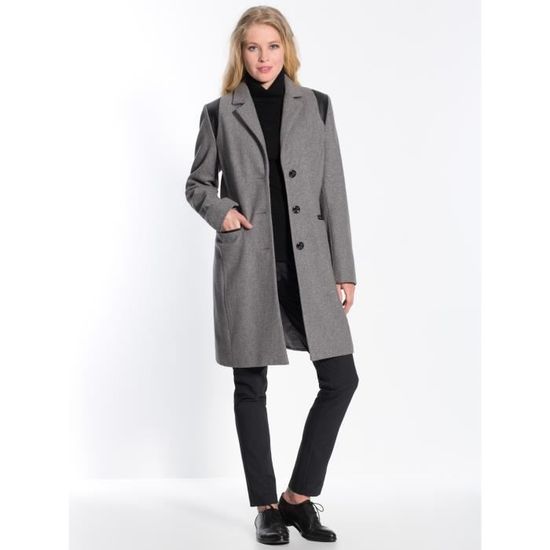 Manteau 3 4 laine majoritaire Femme Gris Coupe droite allongeante