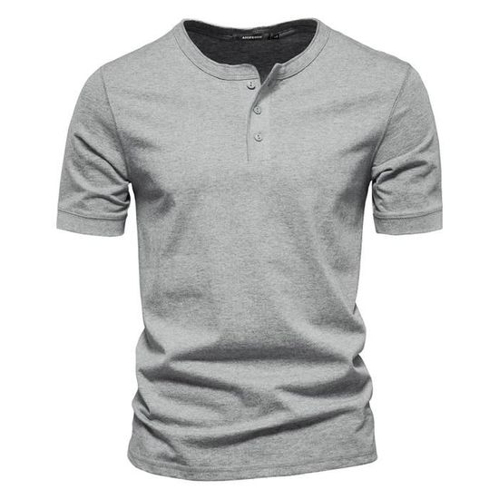 T-shirt Homme Henley Col V Avec Boutons - Manches Courtes Slim - Multicolore Extensible