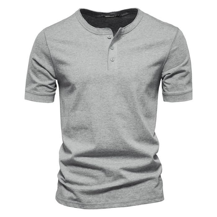 T-Shirt Homme Henley Manches Courtes - Couleur Unie - Vintage - Neuf