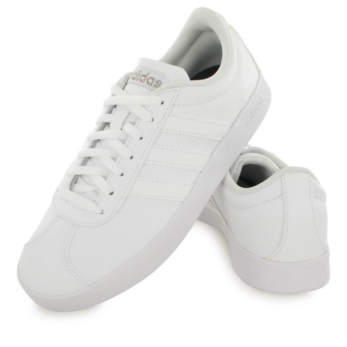 Baskets Adidas Vl Court Femme Blanc Cuir Lacets Blanc