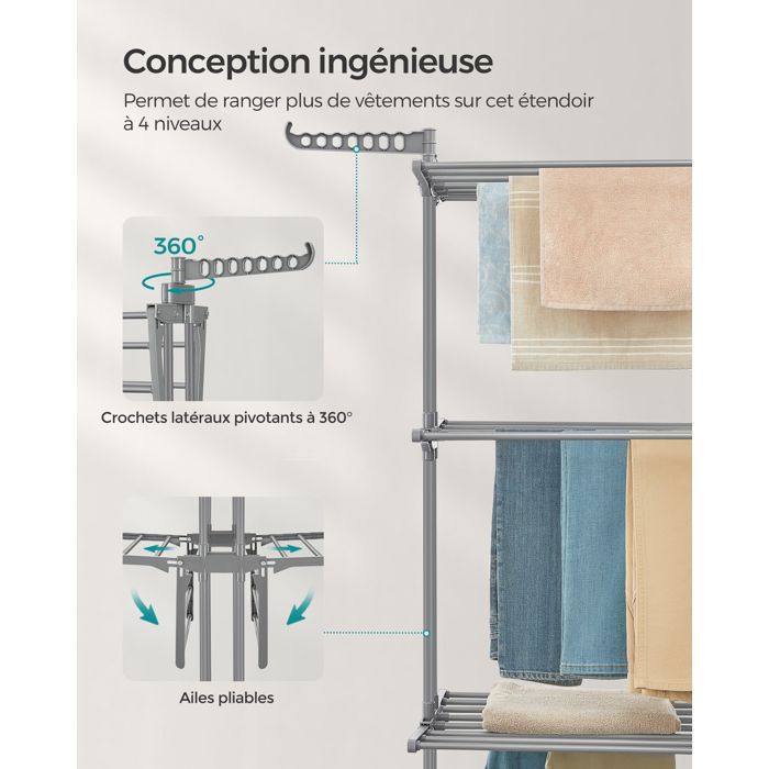 GOPLUS Séchoir à Linge,étendoir à Linge Pliable à 3 Niveaux Avec 2 Crochets Et Roue Universelle