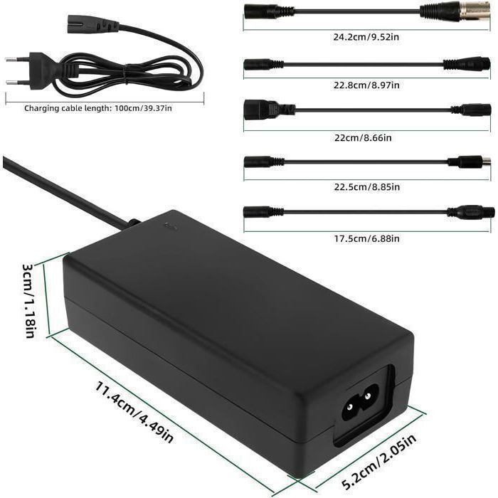 Chargeur 42V 2A Pour Xiaomi M365 Et Ninebot ES1/ES2/ES4 – ABS Ignifugé – Indicateur Rouge/Vert – Protection Court-Circuit – Entrée AC100-240V – Interface 8 Mm – Portable 200 G