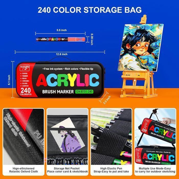 Feutres Acrylique 240 Couleurs - Marqueurs Pinceau à Encre à Eau Pour Dessin Sur Pierre, Verre, Tissu, DIY - 12