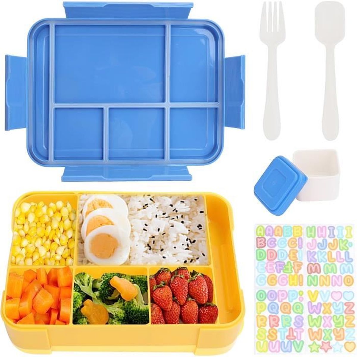 Boîte Repas Bento Enfant 1330 Ml Avec Compartiments - 6 Cases, Anti-fuite, Couverts Inclus - Micro-ondes Et Lave-vaisselle