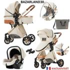 BAZARLAND30.Poussette 3 en 1 Bébé Combinée Siège-Auto Nacelle Trio Réversible Haute Qualité Roues increvables Canne.blanc cassé