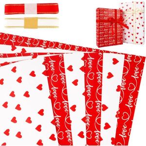 PAPIER CADEAU Emballage cadeau de Saint-Valentin - 6 feuilles de papier avec motif coeur rouge et blanc et 2 rubans de soie