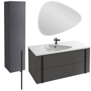 MEUBLE VASQUE - PLAN Meuble lavabo simple vasque 100 cm JACOB DELAFON Nouvelle Vague gris brillant + colonne de salle de bain version gauche + miroir