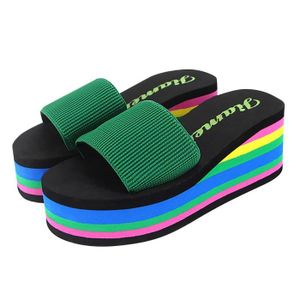 CHAUSSON - PANTOUFLE Chausson - Pantoufle Pantoufles d'été pour femmes Plateforme Chaussures compensées à plateforme arc-en-ciel talons hauts Vert