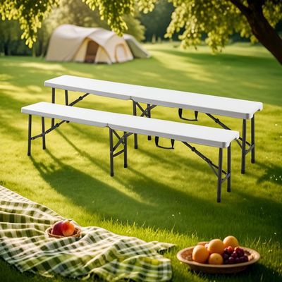 Lot 2 Bancs Camping Pliables 180 Cm – 4 Personnes Effet Bois Métal HDPE – Pique-Nique Festival Outdoor