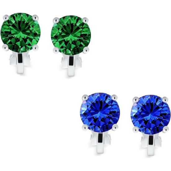 Boucles D'oreilles Clip (non Percées) - Pendant CZ Baguette Bleu - Argenté - Réf SB1