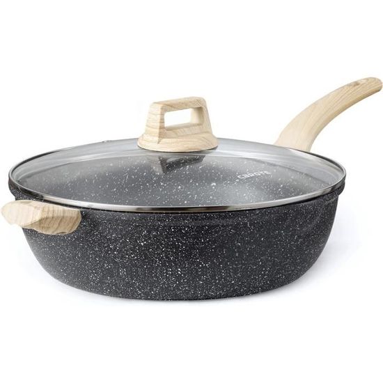 Jobin Wok en acier au carbone de 33 cm avec couvercle en fer, woks antiadhésifs et poêles à frire, sans revêtement chimique, wok à fond plat pour induction, électrique, gaz