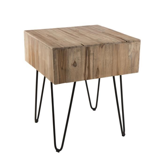 Table d'appoint carrée ethnique en bois teck massif naturel - Pieds épingles scandi en métal - L 50 x l 50 cm