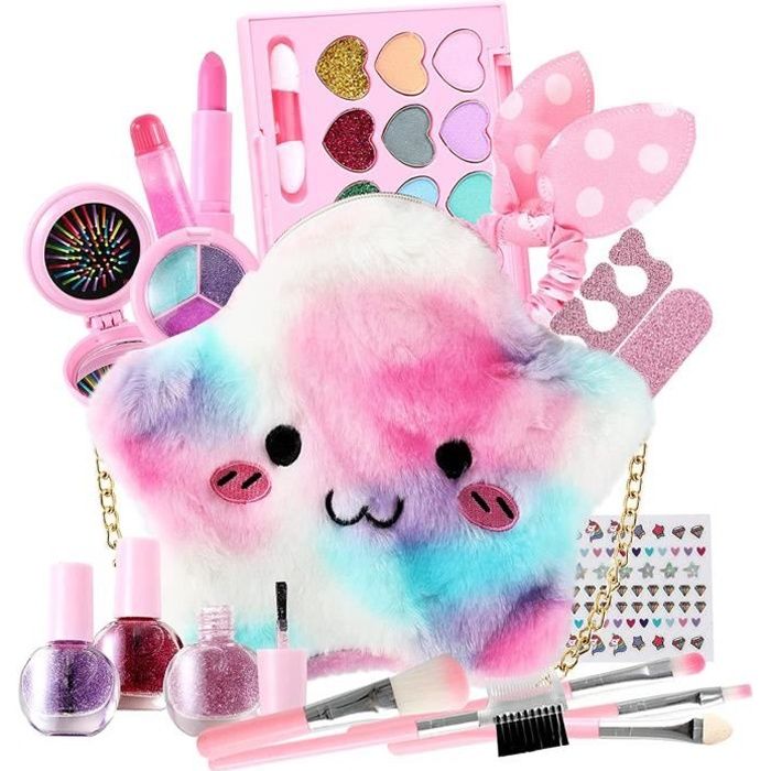Maquillage Enfant Jouet Filles, Kit de Lavable Trousse Maquillage Enfant avec Sac en Peluche, Cadeau pour Fille 4-6 Ans