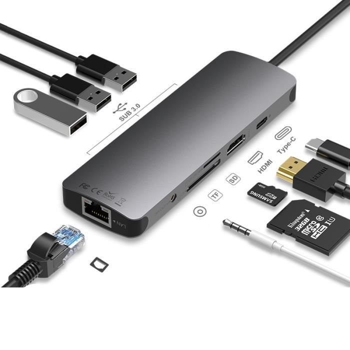 Hub USB C 9 en 1, Adaptateur de Type C , HDMI 4K, 3 Ports USB 3.0, Lecteur de Carte SD/Micro SD, Gigabit Ethernet