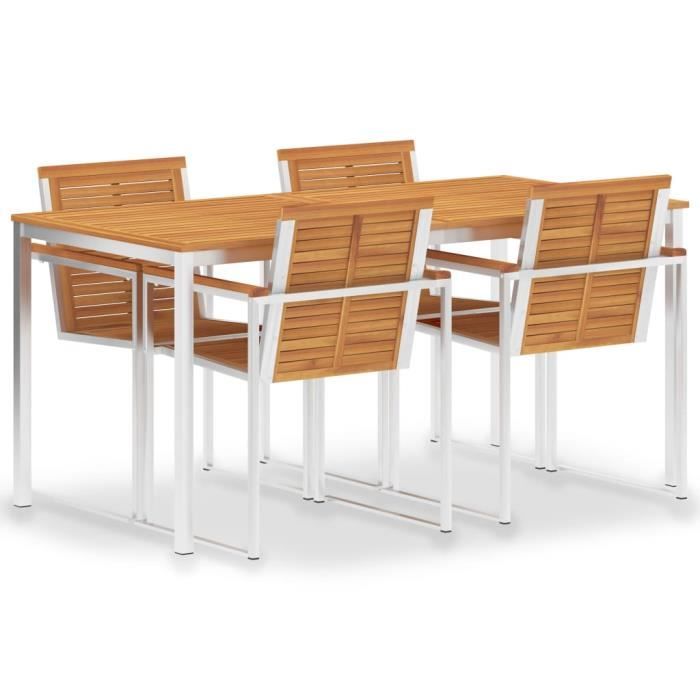 FUDANY-Mobilier à dîner 5 pcs Bois d'acacia solide et acier inoxydable Dimensions de la table: 160 x 80 x 75 cm