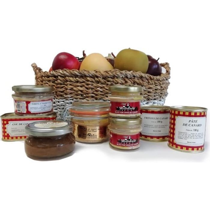 Panier garni complet de Produits Régionaux dont 3 Foies Gras - Original panier en fibre végétale - 8 produits
