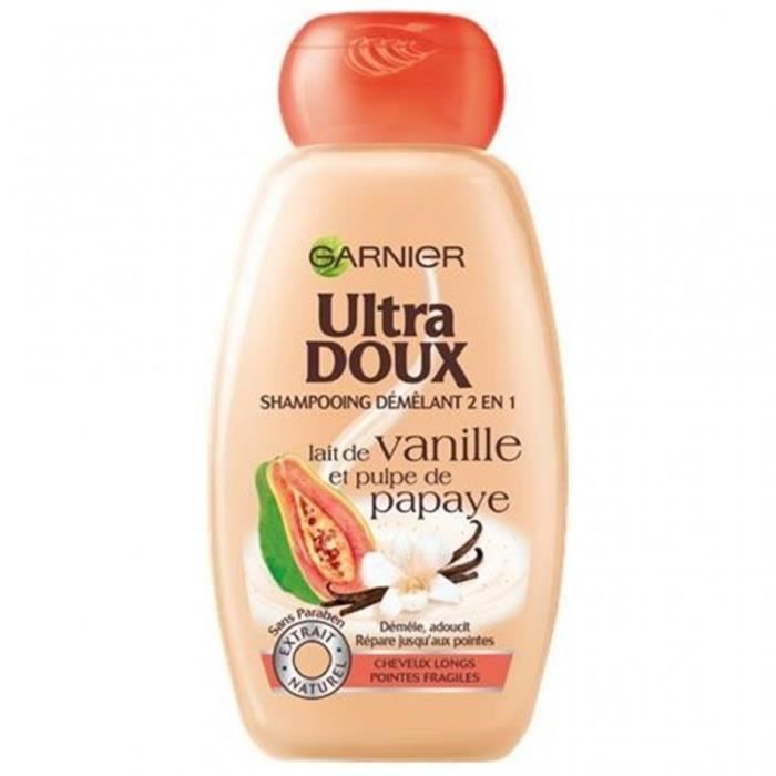 Garnier Ultra Doux Shampooing Démêlant 2 en 1 Lait de Vanille et Pulpe de Papaye 250ml (lot de 4)