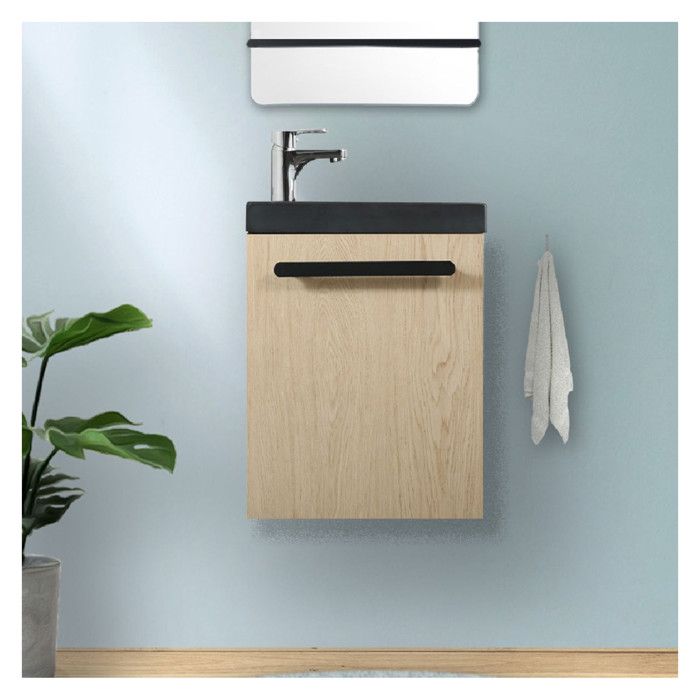 Meuble lave-mains décor chêne vasque noire NEVADA avec robinet chromé