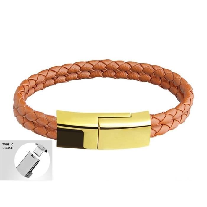 Bracelet USB Câble USB type C pour Android, Samsung, Sony, Huawei 20cm OR/MARRON CSS