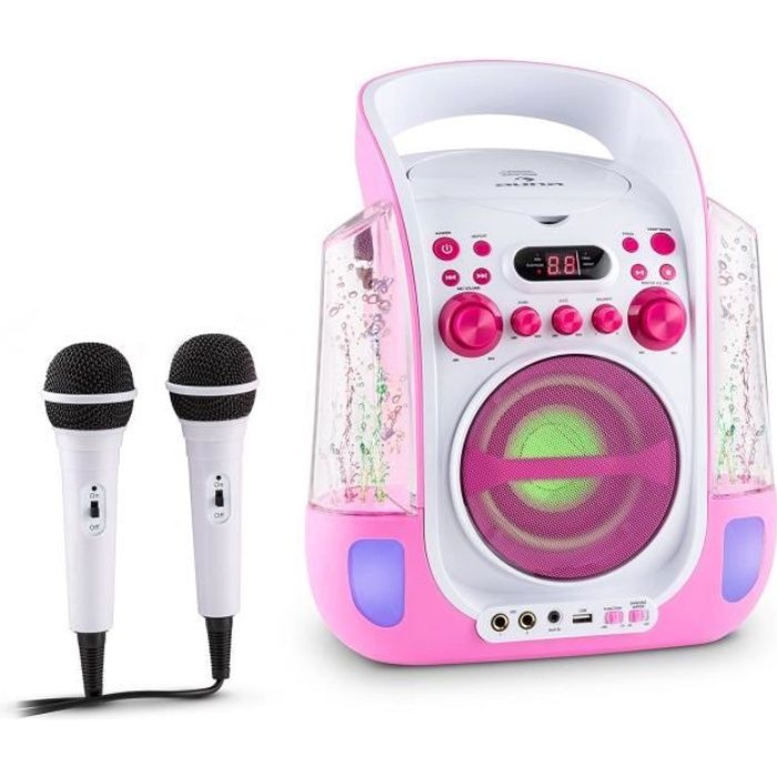 auna Kara Liquida - Chaîne karaoké avec lecteur CD, port USB pour MP3- 2 micros inclus, effets lumineux et aquatiques LED) - rose