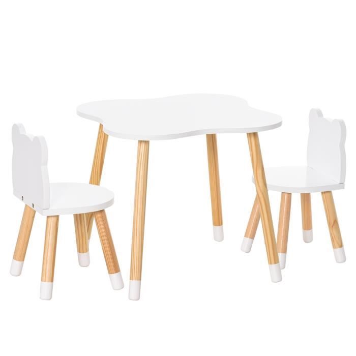 Ensemble table et chaises enfant design scandinave motif ourson bois pin MDF blanc 56x56x50cm Blanc