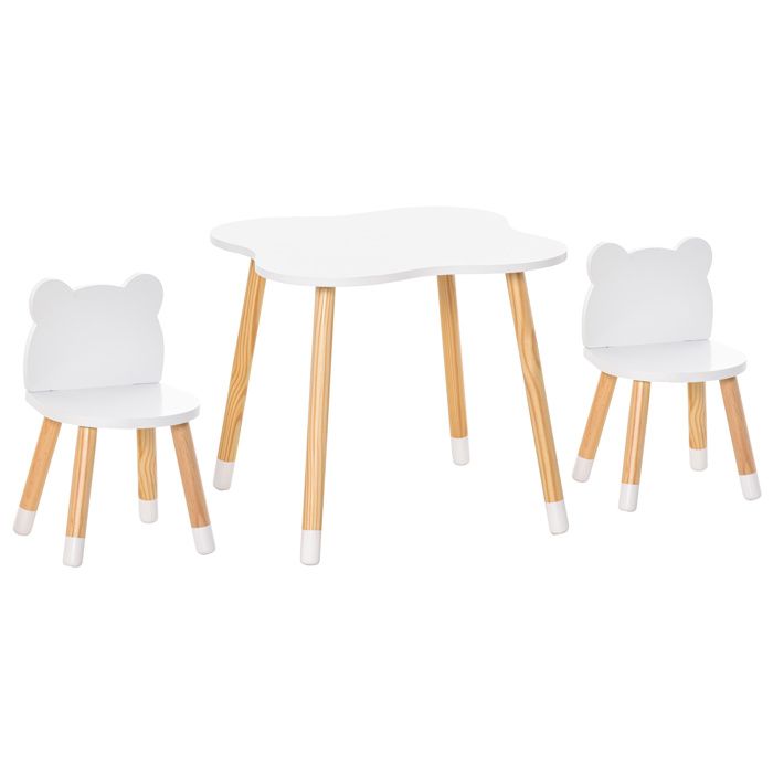 Ensemble table et chaises enfant design scandinave motif ourson bois pin MDF blanc 56x56x50cm Blanc