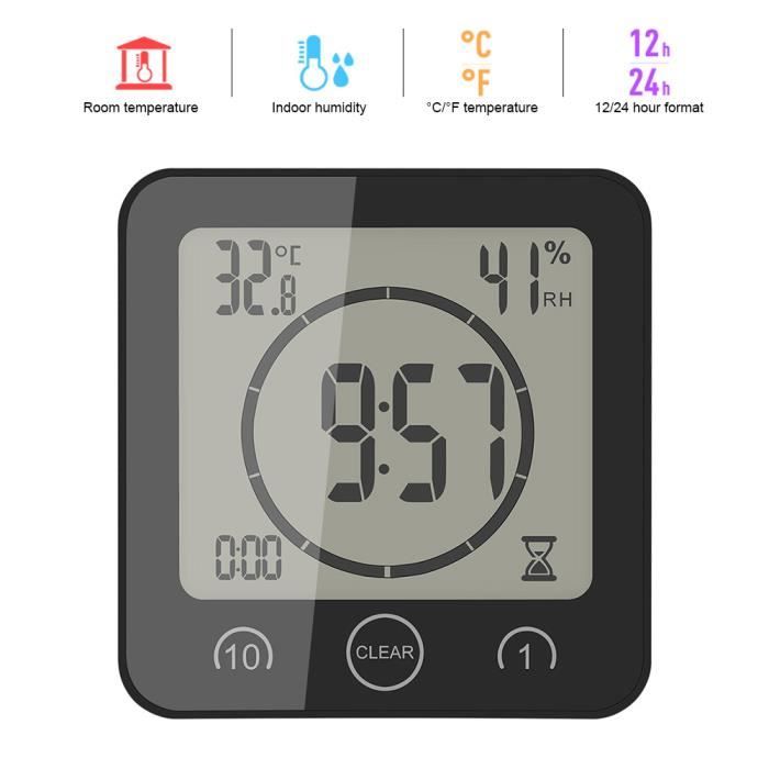 Portable LCD Numérique Thermomètre Hygromètre Horloge Tactile Timer Alarme pour Salle de Bains Cuisine