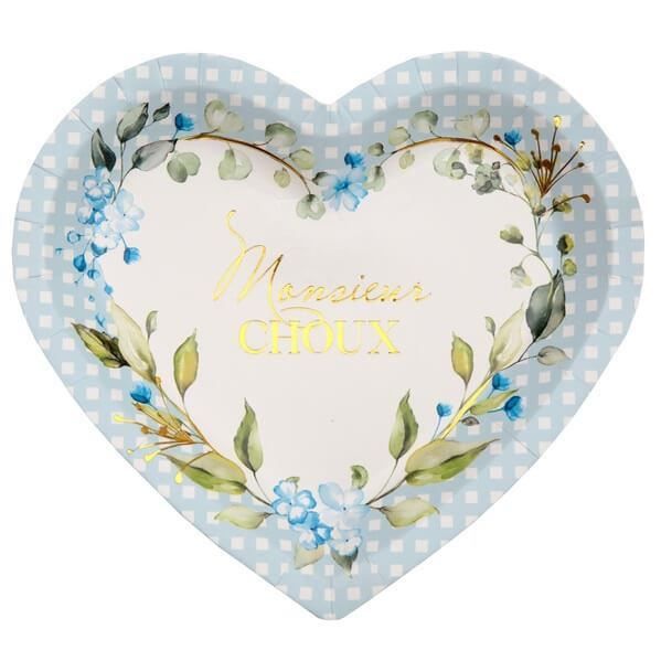 Assiette coeur Baby Shower bleu ciel avec des fleurs décoratives (x10) REF/7309 Matière carton