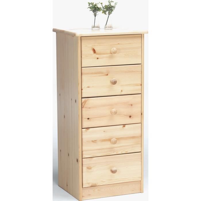 Steens Mario Commode Haute en pin 5 tiroirs Bois Naturel Verni