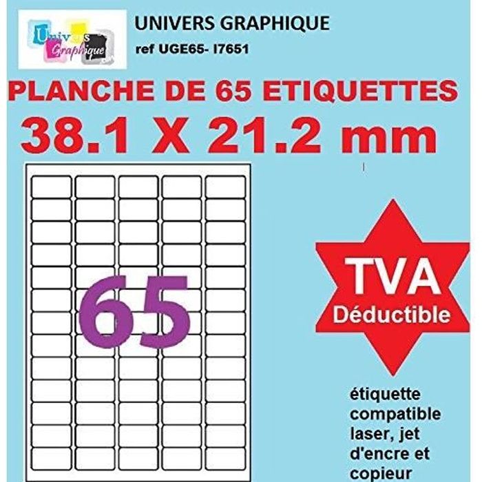 650 étiquettes 38 x 21 Petite Étiquette blanches adhésives personnalisable. = 10 feuilles de 65 mini étiquettes autocollantes blanch