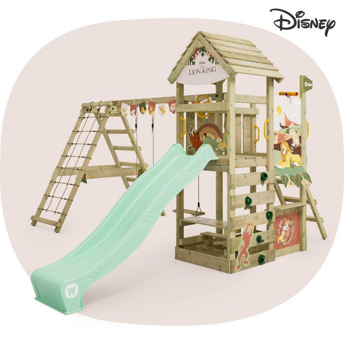 Aire de jeux WICKEY Disney Story Le Roi Lion – toboggan 220 cm double balançoire & mur d’escalade – garantie 10 ans*