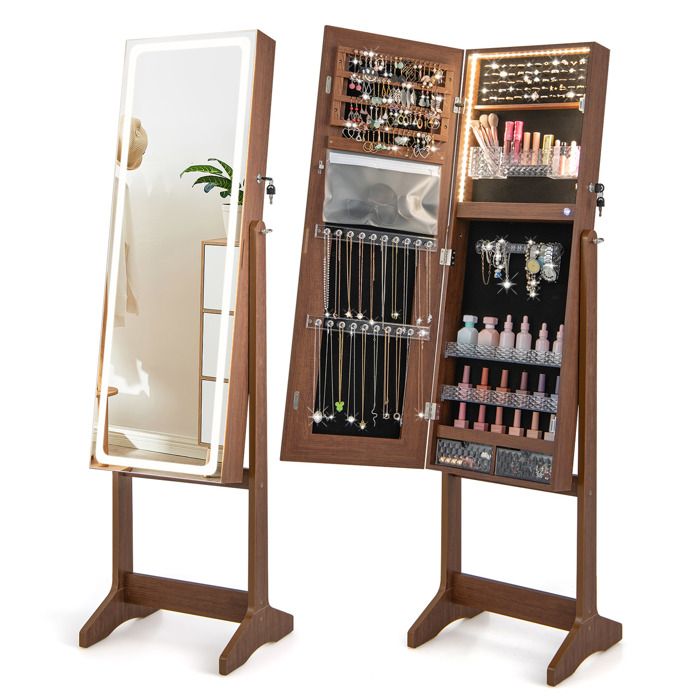GOPLUS Armoire à Bijoux sur Pied avec Lumières LED Réglable et 3 Angles dInclinaison-Miroir Pleine Longueur Sans Cadre Marron