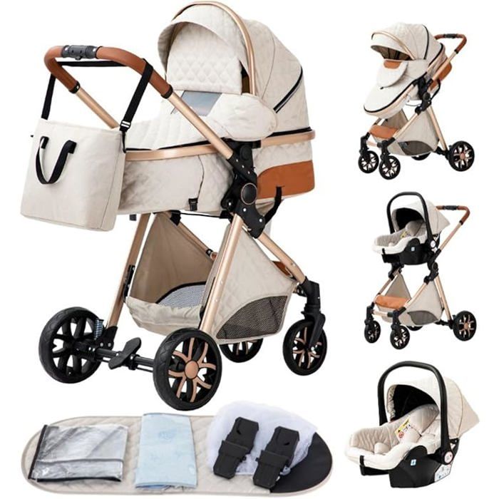 Poussette 3 en 1 Bébé Combinée Siège-Auto Nacelle Trio Réversible Haute Qualité Roues increvables Canne.blanc cassé.