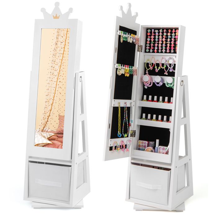 DREAMADE Armoire à Bijoux pour Enfants Miroir de Courtoisie Pleine Longueur Pivotant à 360° Tiroir Pliable Crochets Blanc