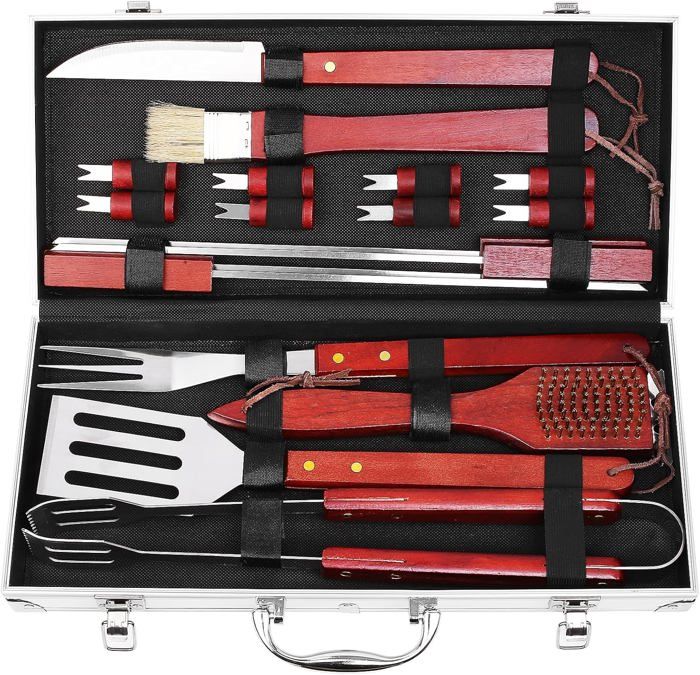 Kit Barbecue 18 Pièces TLGREEN - Acier Inox - Boîtier Aluminium - Spatule, Pince, Brochettes - Cadeau Homme