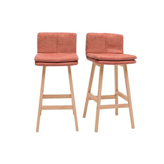 Miliboo - Tabouret de bar en tissu effet velours texturé terracotta et bois (lot de 2) JOAN