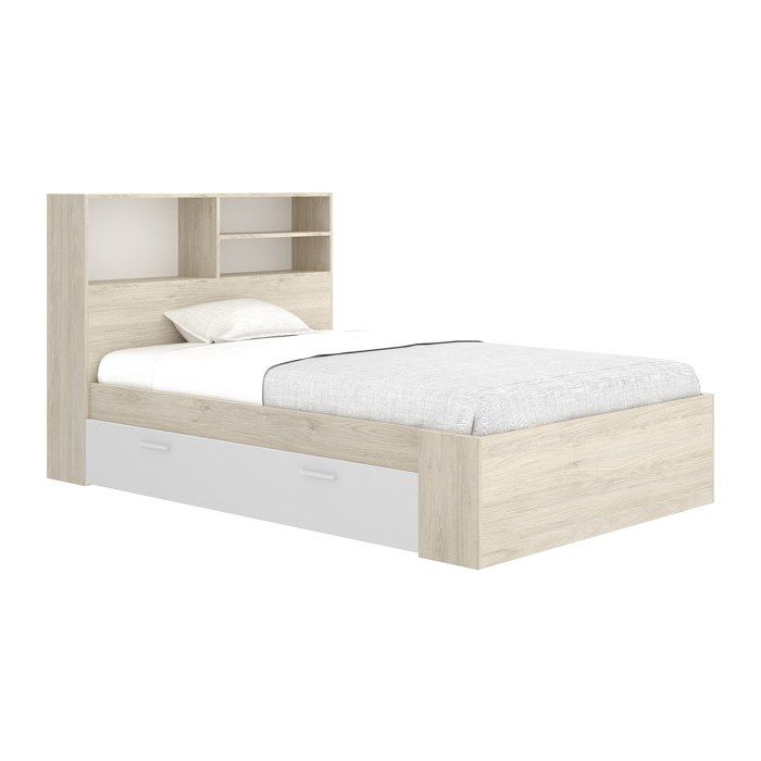Lit 120 x 190 cm avec rangements - Coloris : Naturel et blanc - VARDIEL