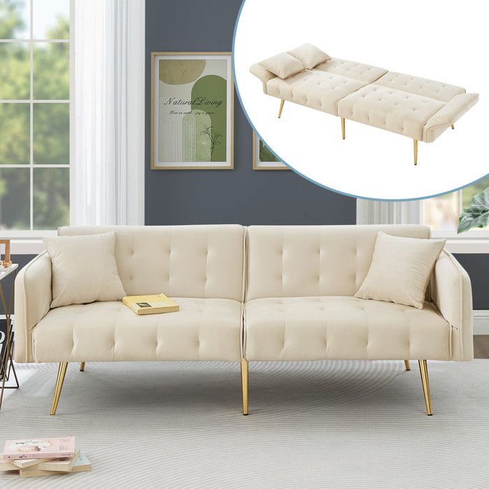 Canapé Lit - Moderne 2 Places - Convertible Velours - Dossier Réglable - Pieds Métal Or