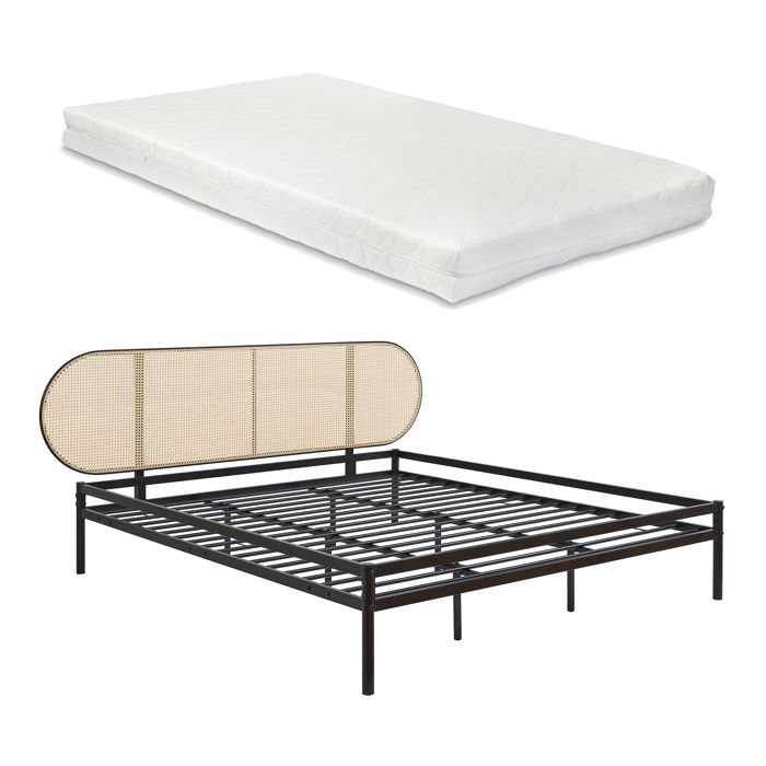 Lit en métal Linköping avec tête de lit ovale et matelas 180 x 200 cm noir / effet rotin Lit en métal Linköping avec tête de lit ovale et matelas 180 x 200 cm noir / effet rotin