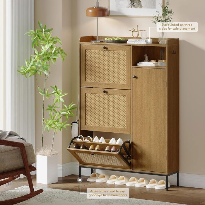 Meuble à chaussures 24 paires 3 portes Bois Clair avec étagère 108x24x88cm