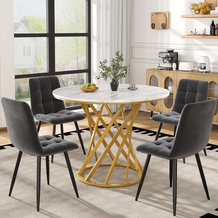 Table à Manger 5 Pièces - Ronde 80 cm - Plateau Marbre - 4 Chaises Velours Gris - Pieds Or