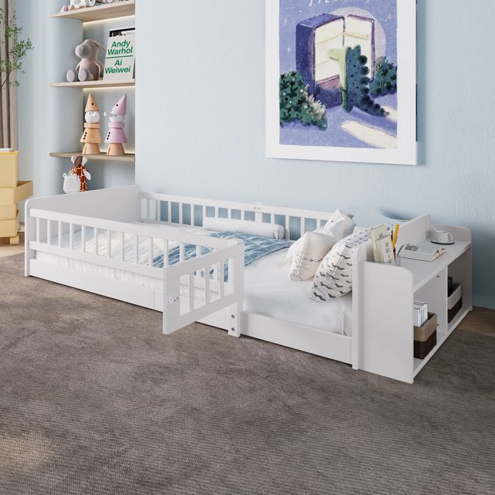 Lit combiné enfant - SOGEU - 90x200 - Bois massif pin - Rangement intégré - Barrière coulissante