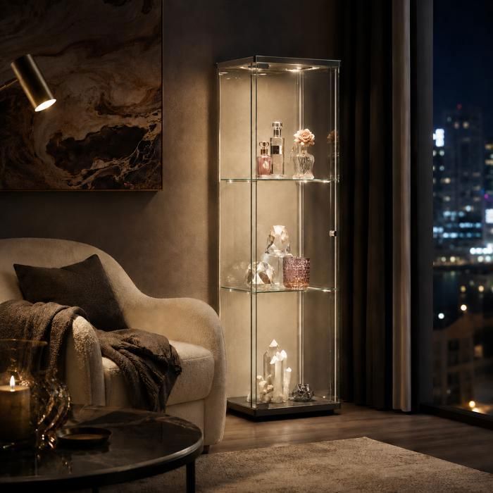 Vitrine en verre trempé noir meuble de collection transparent avec 1 porte et 3 niveaux et lampe toucher，pour salle à manger salon